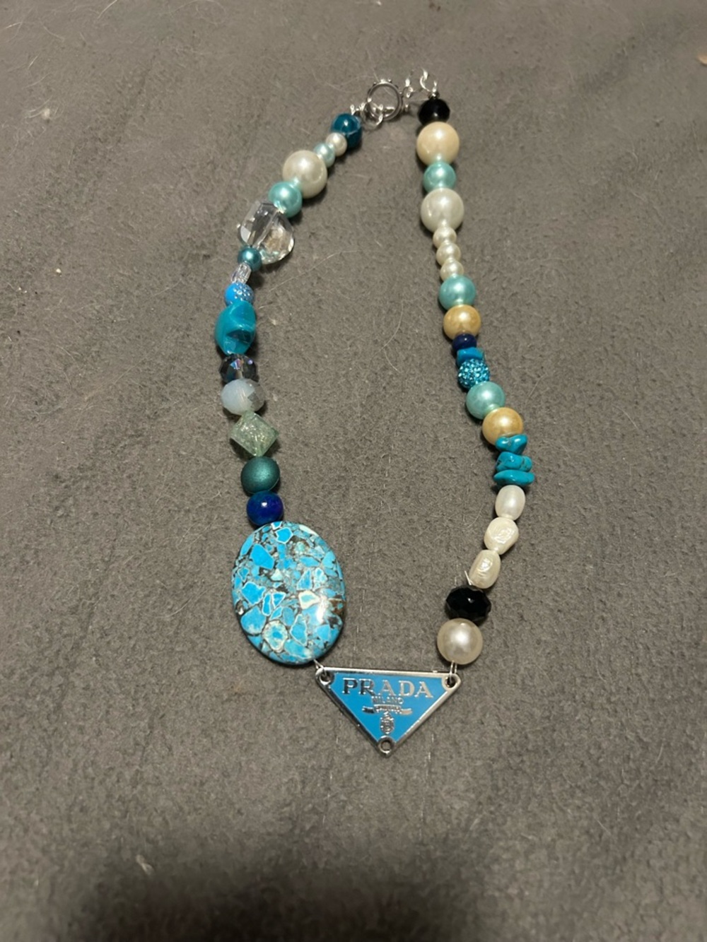 Upcycle Prada  triangle logo Turquoise-logo Mix Bead Necklace with Logo Pendant - Picture 2 of 3